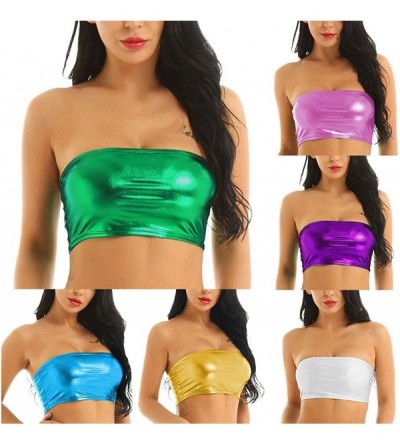 Camisoles & Tanks Ladies Flash Tube Top-Women Sexy Solid Color Shiny Strapless Cropped Tube Top Party Club Bandeau Bra - Lake...