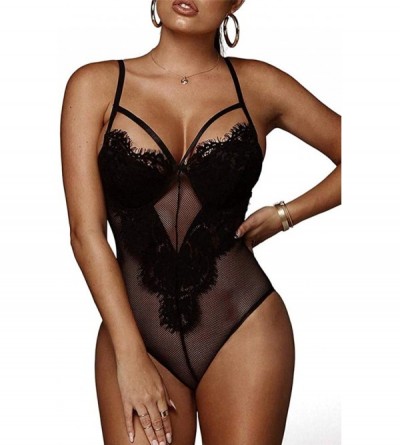 Shapewear Women Sexy Lingeries Sets V Neck Hollow-Out Lace Bodysuit Teddy Rompers - Eyelash Black - CN18TQZMNHY $30.33