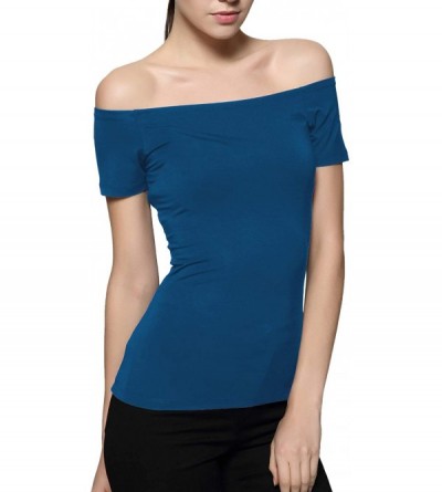 Shapewear Short Sleeve Trendy Fitted Off Shoulder Modal Blouse Top T-Shirt - Deep Blue - CV18XL0A7WN $16.18