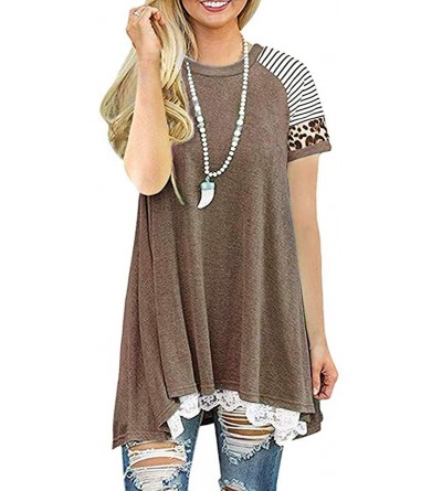 Shapewear Women's Casual Lace Short-Sleeved Shirt Pullover Round Neck Loose Ladies T-Shirt Top - C-coffee - C0196UIK0K6 $16.83