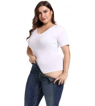 Shapewear Women Bodysuit Plus Size Short Sleeve Tops Basic V-Neck Leotard Bodysuits T Shirt Bodycon - White - C318U5MEG8X $18.25