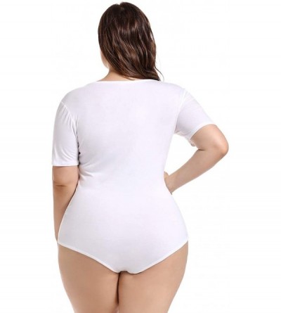 Shapewear Women Bodysuit Plus Size Short Sleeve Tops Basic V-Neck Leotard Bodysuits T Shirt Bodycon - White - C318U5MEG8X $18.25