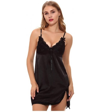 Garters & Garter Belts Womens Sexy Camis Nightdress Solid Bra Chemise Spaghetti Strap Underwear Lingerie - Black - CZ193U33ZO...