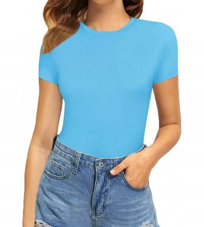 Shapewear Women's Round Neck Short Sleeve T Shirts Basic Bodysuits - Baby Blue - CQ18R5TLT54 $16.34