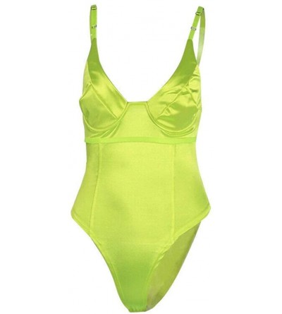 Shapewear Women Deep V Spaghetti Strap Neon Bodysuit Thong Sexy Shiny High Cut Leotard Top Clubwear - Neon Green - C918UAHA0K...