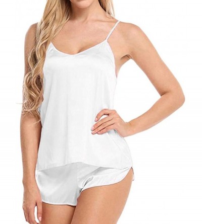 Slips Women Sleepwear Sleeveless Strap Nightwear Lace Trim Satin Cami Top Pajama Sets - White - CS18UNZILRM $10.42