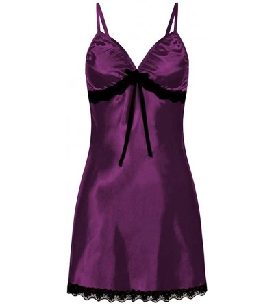 Camisoles & Tanks Womens Nighte Dress Plus Size Lace Bow Lingerie Babydoll Nightwear Sleepskirt - Purple - CT18S0L78HL $22.68