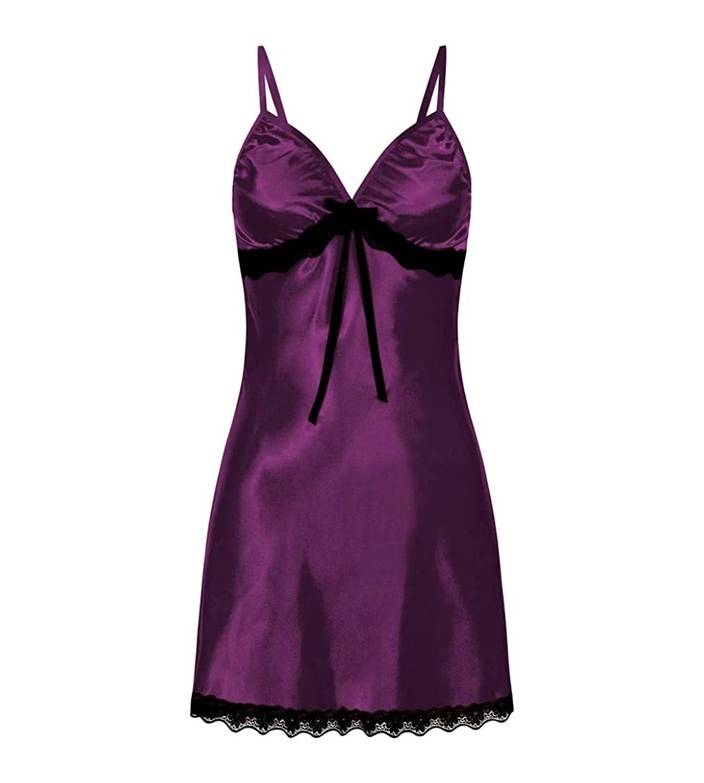 Camisoles & Tanks Womens Nighte Dress Plus Size Lace Bow Lingerie Babydoll Nightwear Sleepskirt - Purple - CT18S0L78HL $9.17