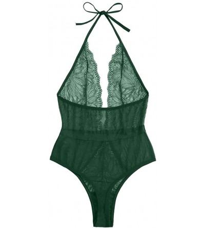 Bras New Women Lingerie Lace Teddy Deep V Neck Backless Bodysuit Babydoll Underwear - Green - CB190ZN5GY9 $29.91