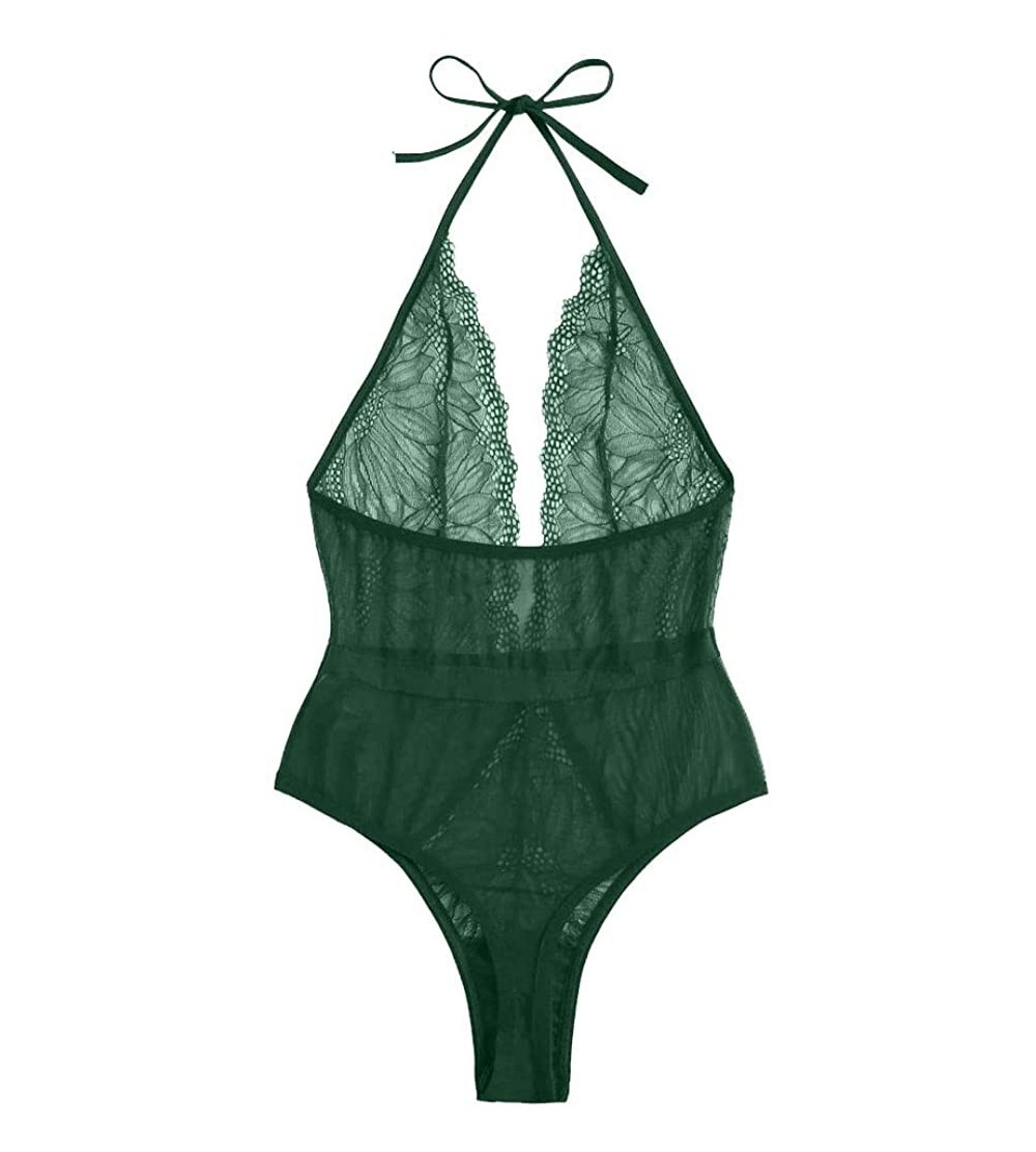 Bras New Women Lingerie Lace Teddy Deep V Neck Backless Bodysuit Babydoll Underwear - Green - CB190ZN5GY9 $18.09