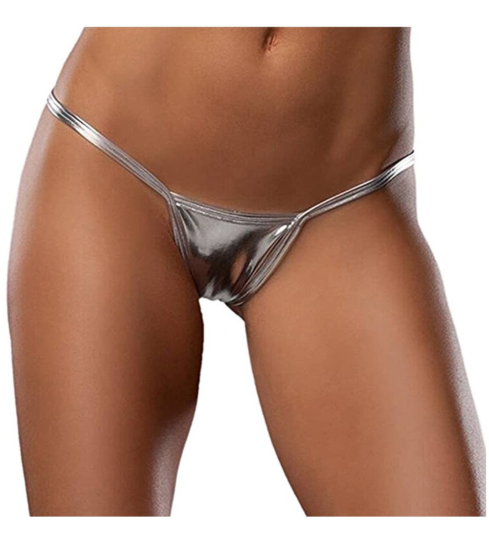 Panties Women's Metallic Micro Shorts Panty Thong G String Lingerie Metal Thongs T Back Panty - Silver - CD12NYIC0VY $11.21