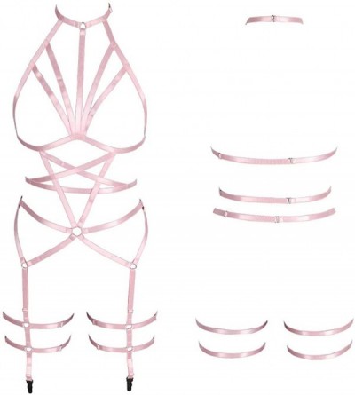 Garters & Garter Belts Women Punk Full Body Harness Bralette Plus Size Strappy Hollow Out Bandage Garter Belts Set - Pink - C...