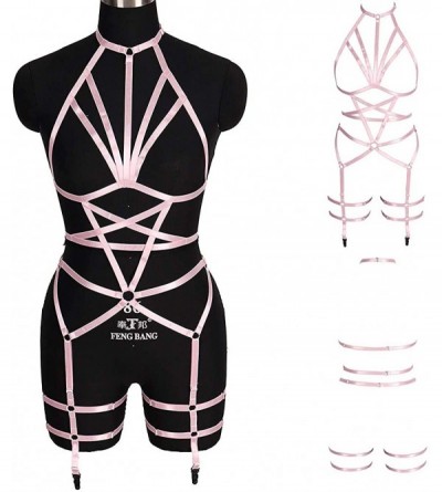 Garters & Garter Belts Women Punk Full Body Harness Bralette Plus Size Strappy Hollow Out Bandage Garter Belts Set - Pink - C...