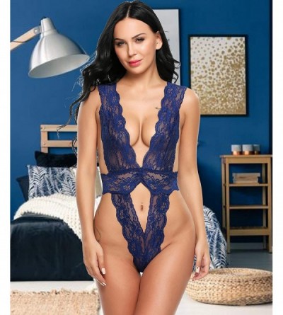 Baby Dolls & Chemises Womens V Neck Bodysuit One Piece Lace Lingerie Teddy - Hollow Out-blue - CT1825HIG88 $17.48