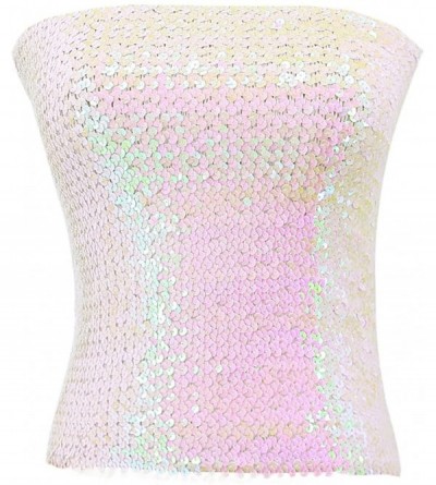 Camisoles & Tanks Women Shiny Sequins Stretch Tube Top Clubwear Strapless Long Vest - White - CM18KWKU429 $20.70