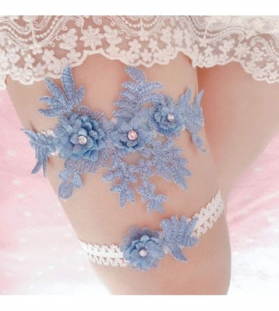 Garters & Garter Belts Rhinestone Flower Garter Set Wedding Sexy Lace Garters for Women Girls-Blue - Blue - CP198Y300L2 $8.30