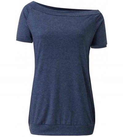 Slips Women Strapless Blouse Solid Color Off Shoulder Sexy Short Sleeve Tops Shirt Tunics - Navy - CA193GLDA3T $17.19