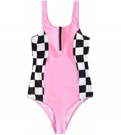 Shapewear Women's Zip Up Checkered One Piece Rave Bodysuits Checkboard Swimsuit for Music Festival Dance Pink - CH196DEL4AY $...