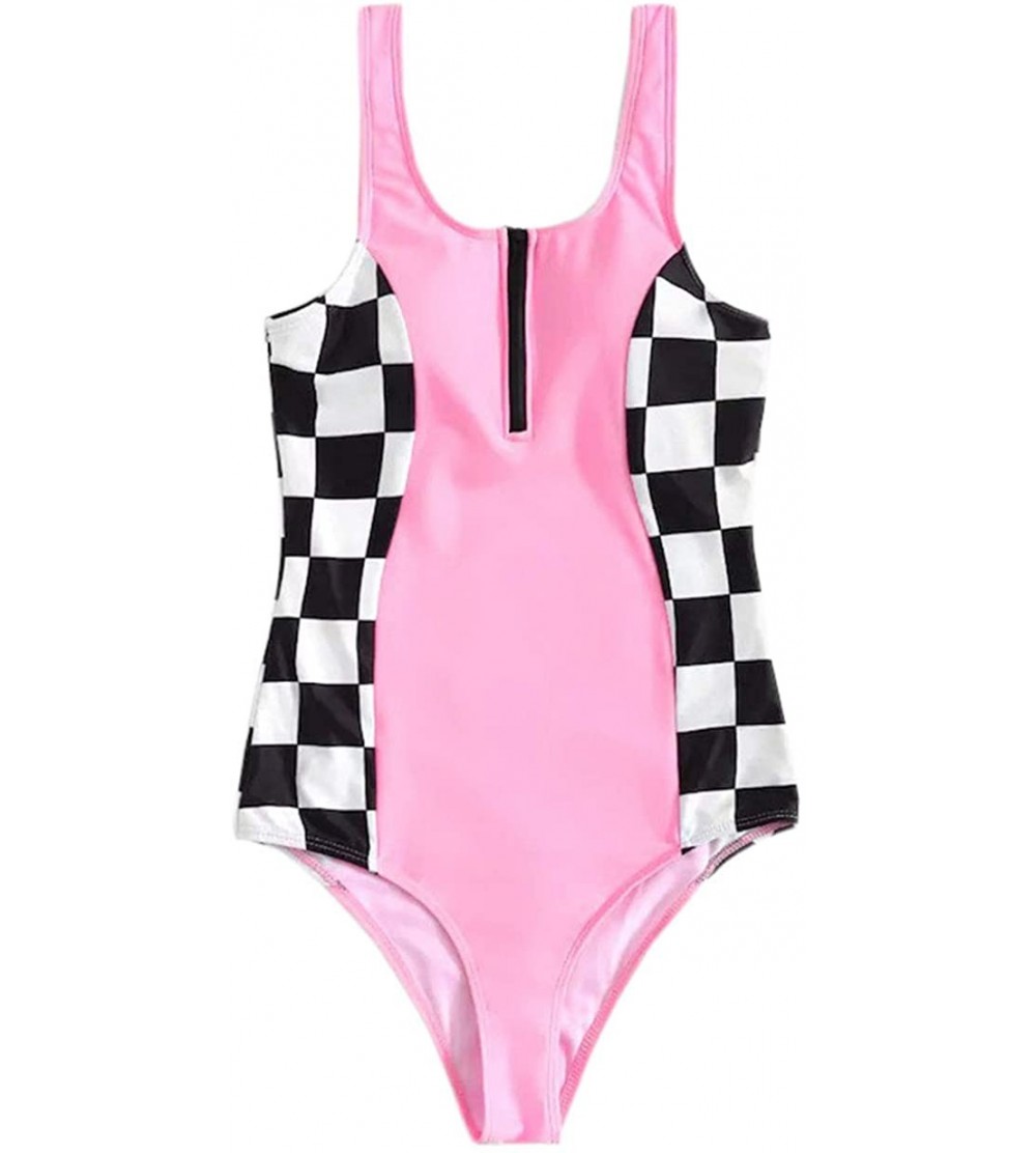 Shapewear Women's Zip Up Checkered One Piece Rave Bodysuits Checkboard Swimsuit for Music Festival Dance Pink - CH196DEL4AY $...