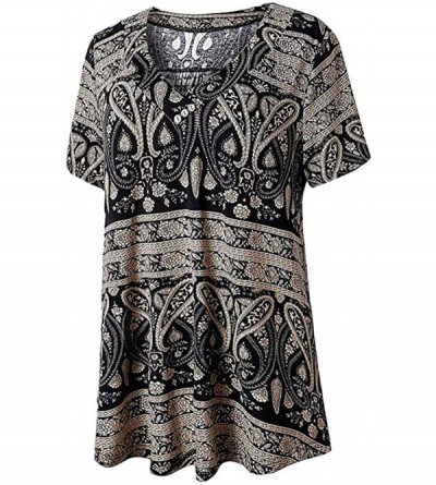 Slips Womens Swing Tunic Tops Loose Fit Comfy Flattering T Shirt Plus Size Short Sleeve V Neck Swing Floral Shirt - Black - C...