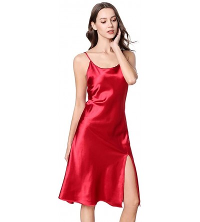 Slips Women Satin Sexy Nightdress Spaghetti Strap Slit Chemise Slip Nightgown - Red - CO18SC32S8W $15.94