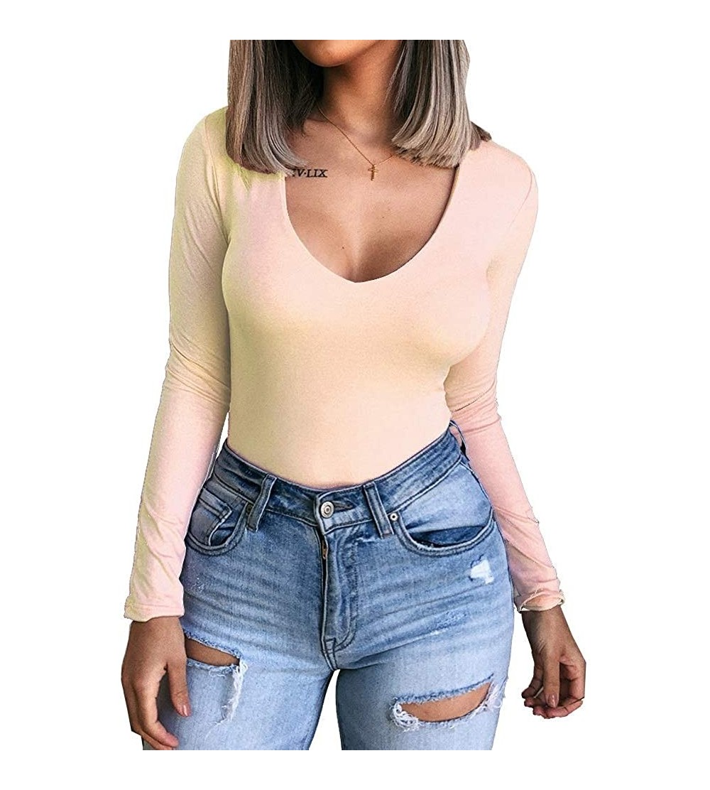 Shapewear Womens Long Sleeve Bodysuit Tops Scoop Neck T Shirt Jumpsuits - V Neck Nude - CT18A3RD8D7 $13.10