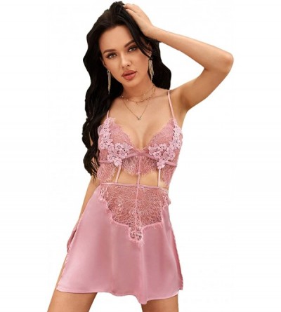 Slips Women's Contrast Lace Babydolls Sexy Satin Backless Cami Slip with Thong - Pink - CC199AYCYRK $20.32