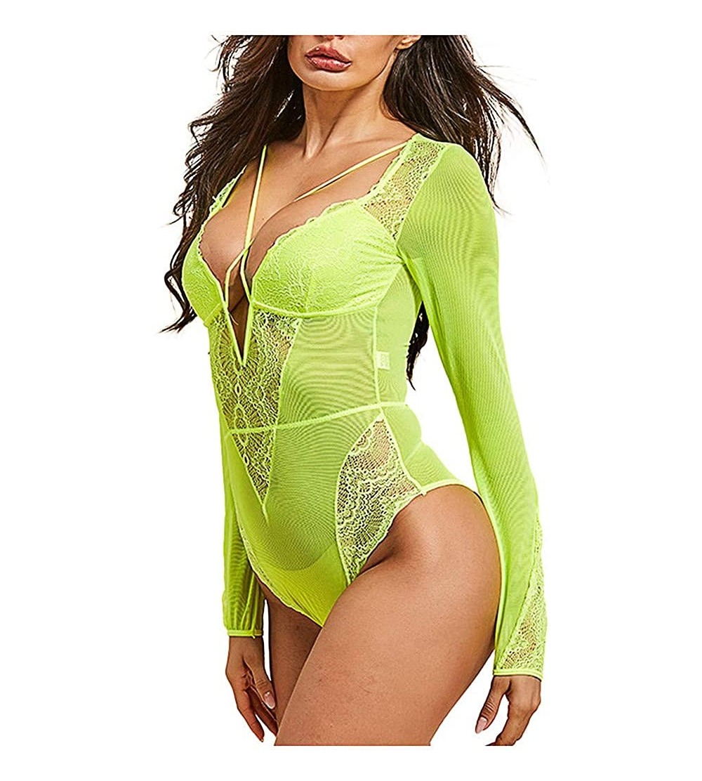Slips Long Sleeve Bodysuit for Women-Sexy Deep V-Neck Lace Floral Teddy Lingerie Transparent Sleepwear Pajamas - Green - CX19...