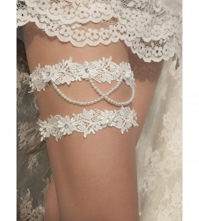 Garters & Garter Belts Wedding Garter Garters for Bride Floral Garters Set with Pearls Rhinestone - Ivory - CV196QQN66W $12.74