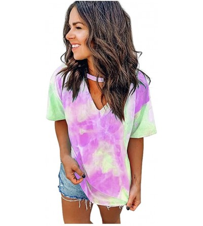 Camisoles & Tanks Casual Loose Fashion Women Sexy Printed Tie-dye Tops V-Neck Short-Sleeve T-Shirt - Mint Green - CA19998DMOX...
