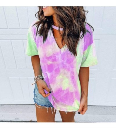 Camisoles & Tanks Casual Loose Fashion Women Sexy Printed Tie-dye Tops V-Neck Short-Sleeve T-Shirt - Mint Green - CA19998DMOX...