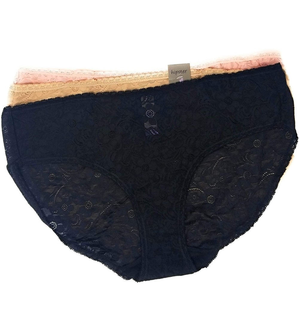 Panties Black Combo 3 Pack All Over Lace Hipster Panties - CT1925I3QYA $24.67