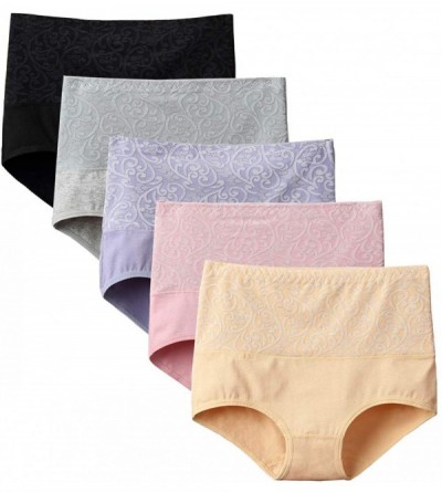 Panties Women's High Waist Solid Color Underwear Tummy Control Cotton Brief Panties Pack of 5 - Mixcolour - CU18S9D5DYE $14.71