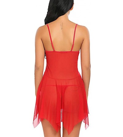 Garters & Garter Belts Women Lingerie Lace Deep V-Neck Plus Size Sleepwear Babudoll Underwear Chemise Nightdress - Z-red - C2...
