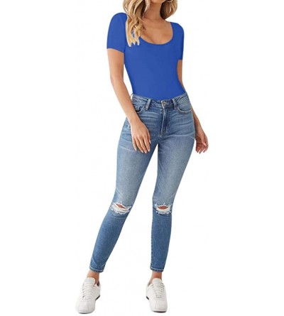 Shapewear Women's Scoop Neck Basic T Shirts Leotard Bodysuits - Royal Blue - CV198DMA6IQ $10.43