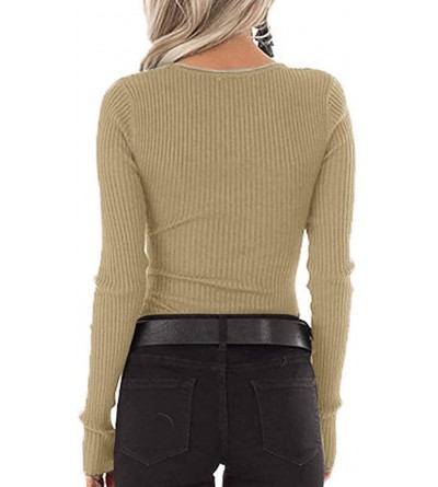 Garters & Garter Belts Womens V Neck Henley Shirts Long Sleeve Ribbed Button Down Basic Tops Tees - Khaki - CK18AKNLWYI $17.88