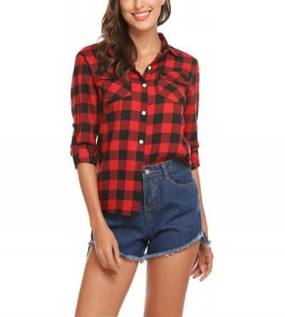Shapewear Women's Plaid Button Down Shirt Long Roll up Sleeve Blouse Casual Buffalo Top - Black and Red Plaid Shirt for Chris...