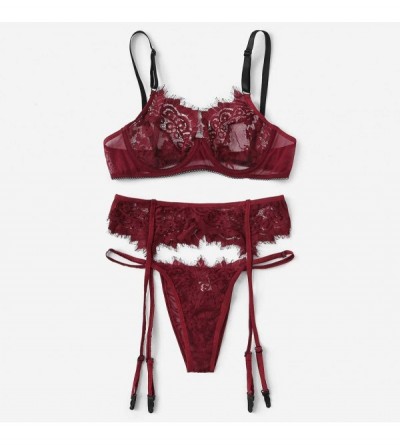 Slips Women's Sexy Exquisite Lace Lingerie Bra+Garter+Briefs Babydoll Cut-Out Sleepwear Underpants Pajama Nightwear WEI MOLO ...