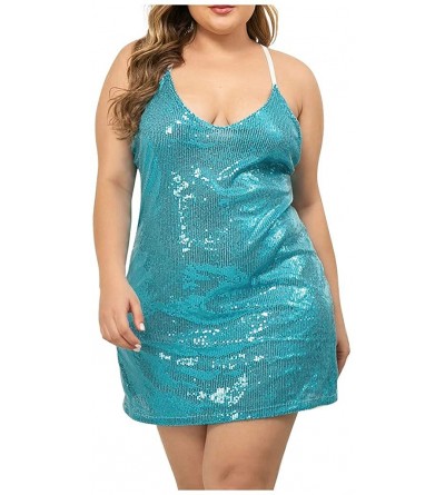 Camisoles & Tanks Disco Nightdress Sequins Woman Plus Size Sexy Babydoll Clothes Pajamas Dress - Blue - CS19832RTCL $36.92