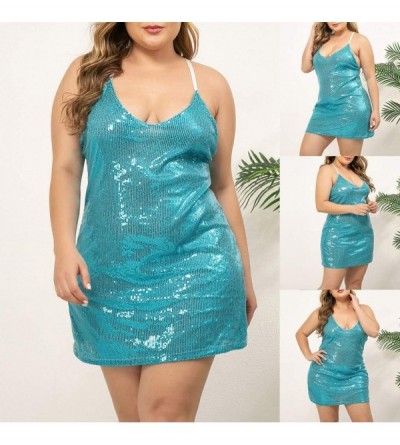 Camisoles & Tanks Disco Nightdress Sequins Woman Plus Size Sexy Babydoll Clothes Pajamas Dress - Blue - CS19832RTCL $32.63