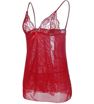 Slips Women Deep V-Neck Lace Lingerie Bowknot Bodysuit Jumpsit Nightdress Sleepwear - Red - CB18TWQOEQ0 $10.57