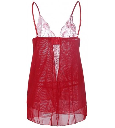 Slips Women Deep V-Neck Lace Lingerie Bowknot Bodysuit Jumpsit Nightdress Sleepwear - Red - CB18TWQOEQ0 $10.57