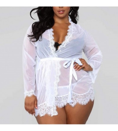 Slips Women V-Neck Lace Sexy Lingerie Underwear Bathrobe Mesh Robe with Thong + Belt - White - CH18YYTN3YT $8.93