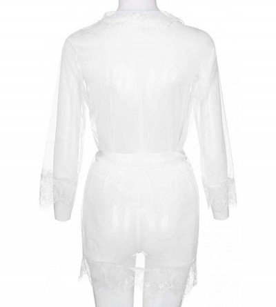 Slips Women V-Neck Lace Sexy Lingerie Underwear Bathrobe Mesh Robe with Thong + Belt - White - CH18YYTN3YT $8.93