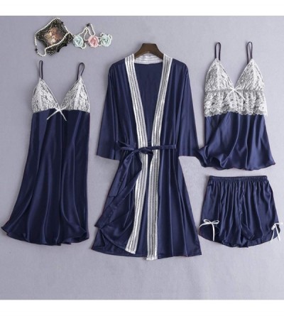 Shapewear 4Pcs Women's Silk Satin Bathrobe Pajamas Nightgown Kimono Lace Sleepwear Babydoll Nightdress with Shorts Sets - Mar...