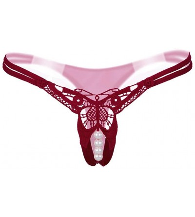 Panties Lingerie-Women Sexy Pearl Massage G-String Hollow Briefs T String Temptation Thong Underwear - Wine - CZ18HTQQHDH $7.22