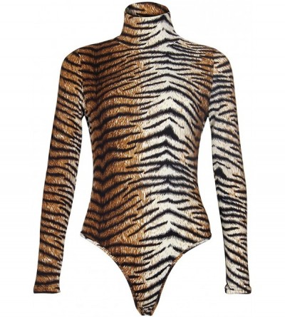 Shapewear Women Stretchy Turtleneck Long Sleeve Bodysuits Basic Solid Color Bodycon Leotard - Tiger - CJ192W506C3 $15.68