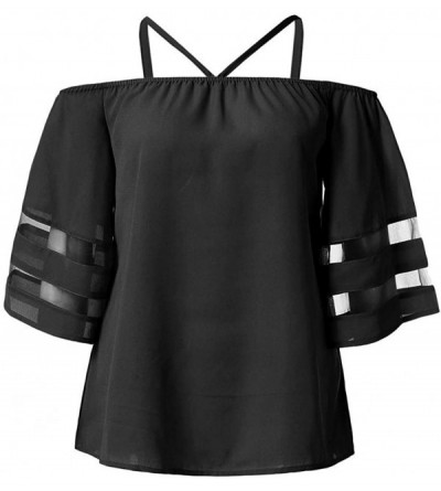 Shapewear Womens Tops-Women Off Shoulder Mesh Panel Blouse 3/4 Bell Sleeve Loose Top Shirt - Black - CN18SN5RUCH $11.15