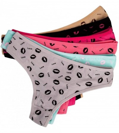 Panties 5 Pcs/Set Sexy Thong for Women Girls Cotton G Strings Panties Lip Print Dot Underwear - C Mixed Color-5 Pcs Xl - CC18...