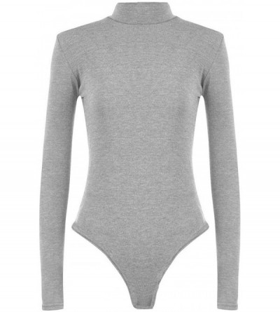 Shapewear Womens Ladies Long Sleeve Polo Turtle Neck Plain Stretch Bodysuit US 4-22 - Light Grey - CM18XQS3A6K $12.59